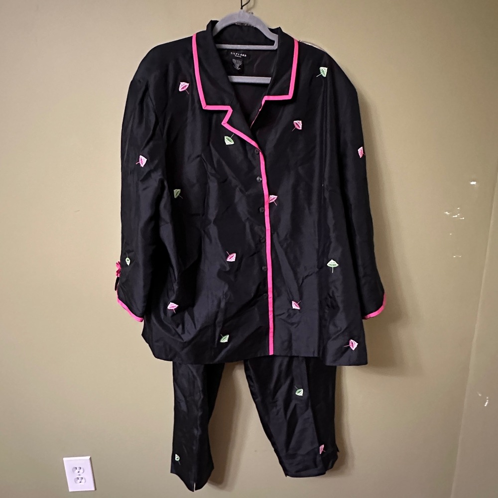 Silkland 2PC Silk Pants‎ Set 24W Black Pink Parasol Asian Embroidered Loungewear